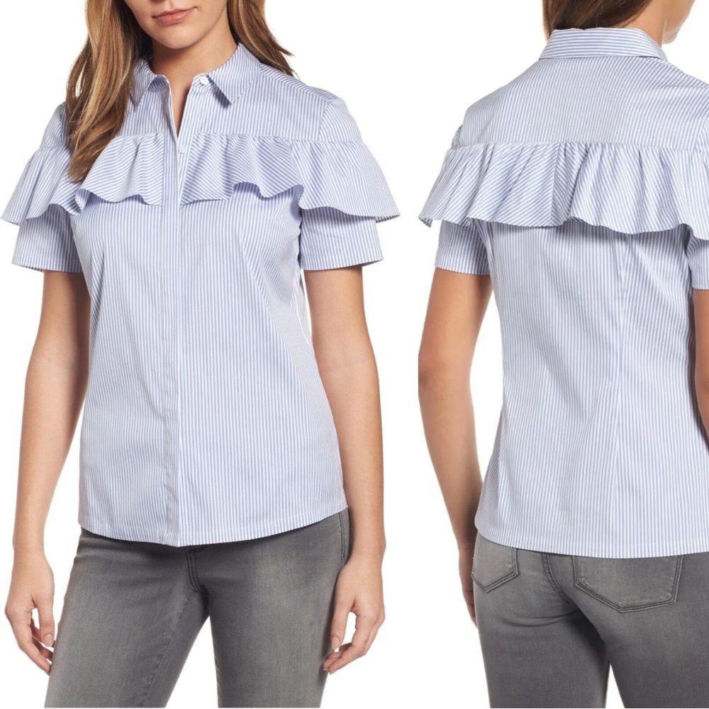 EUC Halogen blue white striped ruffle short sleeve button down blouse